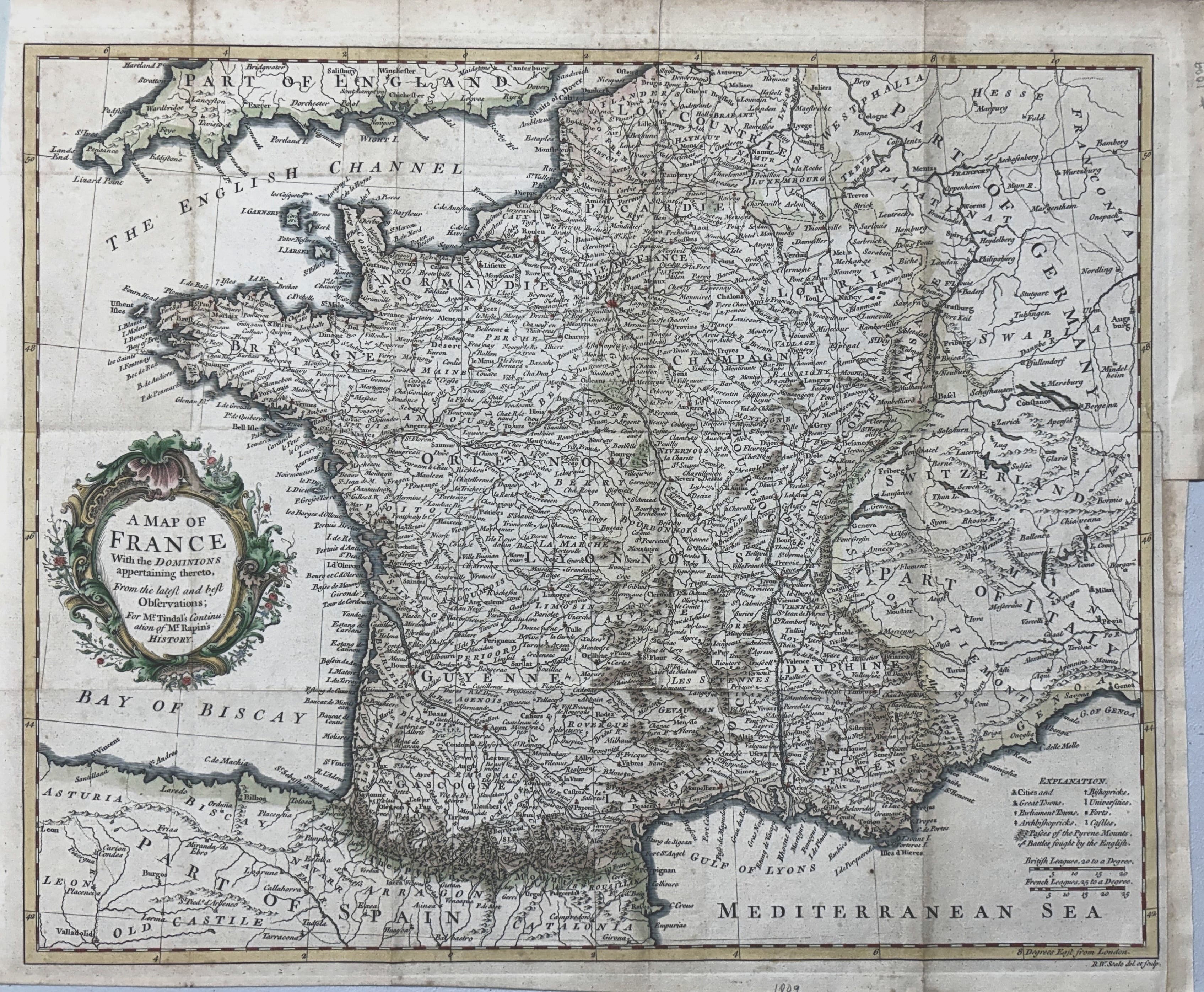 A MAP OF FRANCE With the DOMINIONS appertaining thereto, From the latest and best Observations; For M. Tindal's Continuation of M. Rapin's HISTORY.