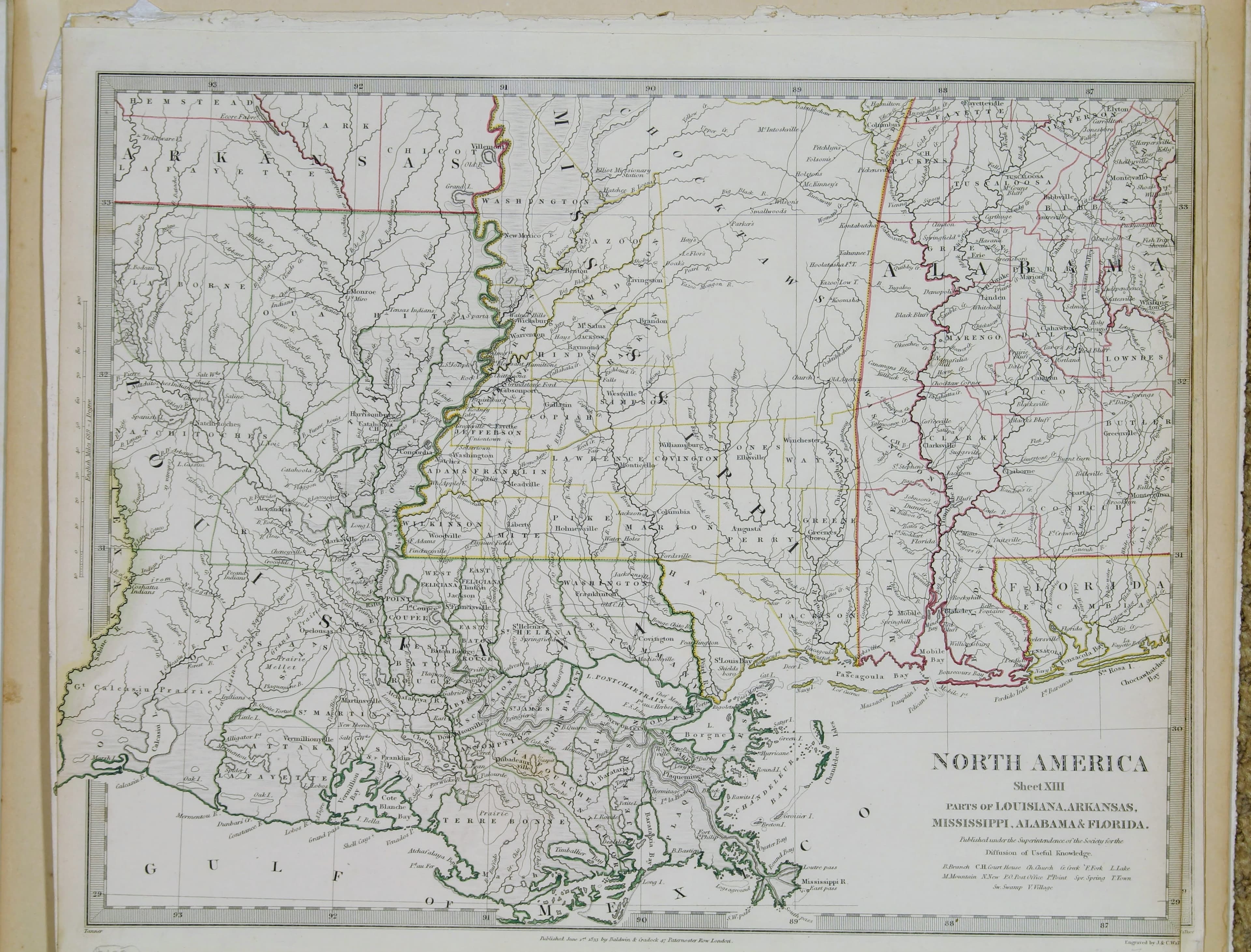 NORTH AMERICA Sheet XIII PARTS OF LOUISIANA, ARKANSAS, MISSISSIPPI, ALABAMA & FLORIDA
