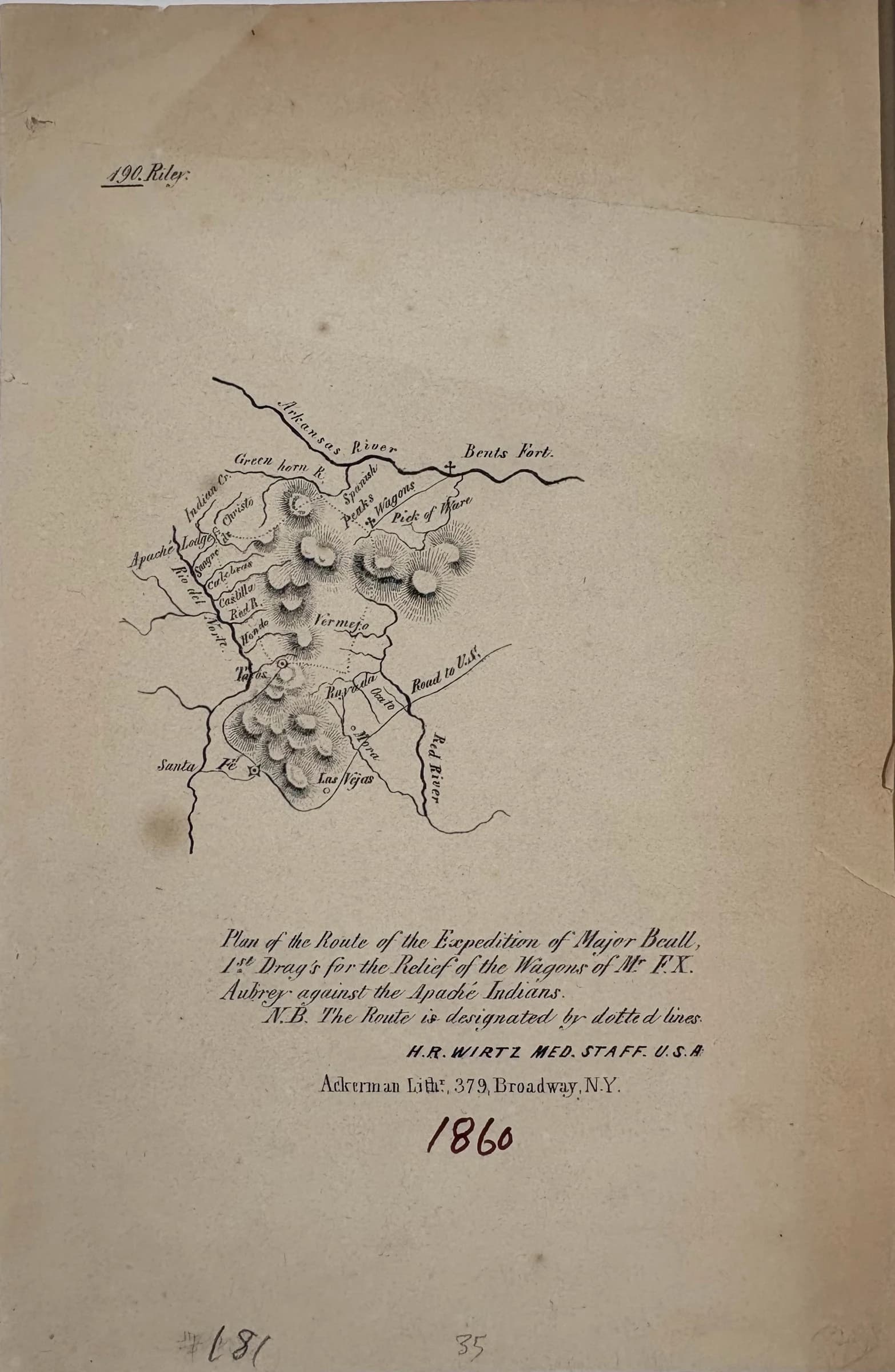 Plan of the Route of the Expedition of Major Beall, 1st Drag's for the Relief of the Wagons of Mr F.X. Aubrey against the Apaché Indians.