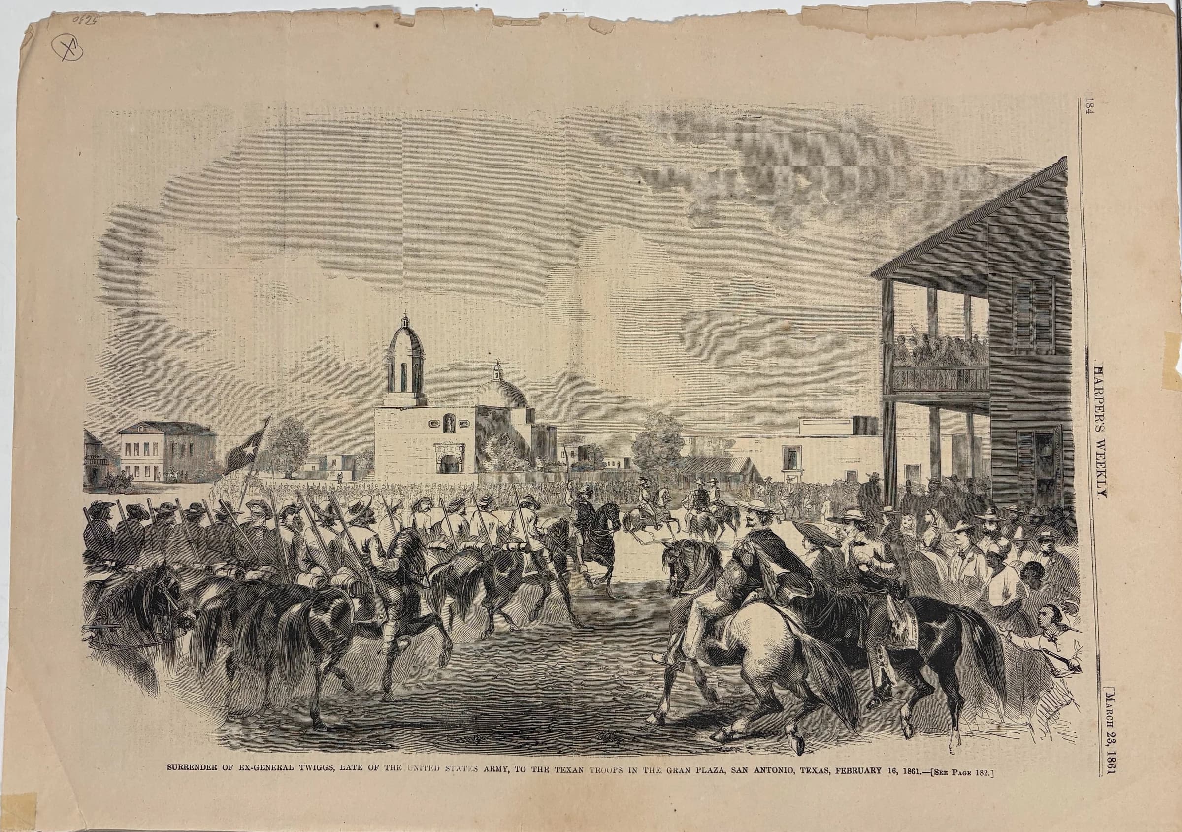 SURRENDER OF EX-GENERAL TWIGGS, LATE OF THE UNITED STATES ARMY, TO THE TEXAN TROOPS IN THE GRAN PLAZA, SAN ANTONIO, TEXAS, FEBRUARY 16, 1861