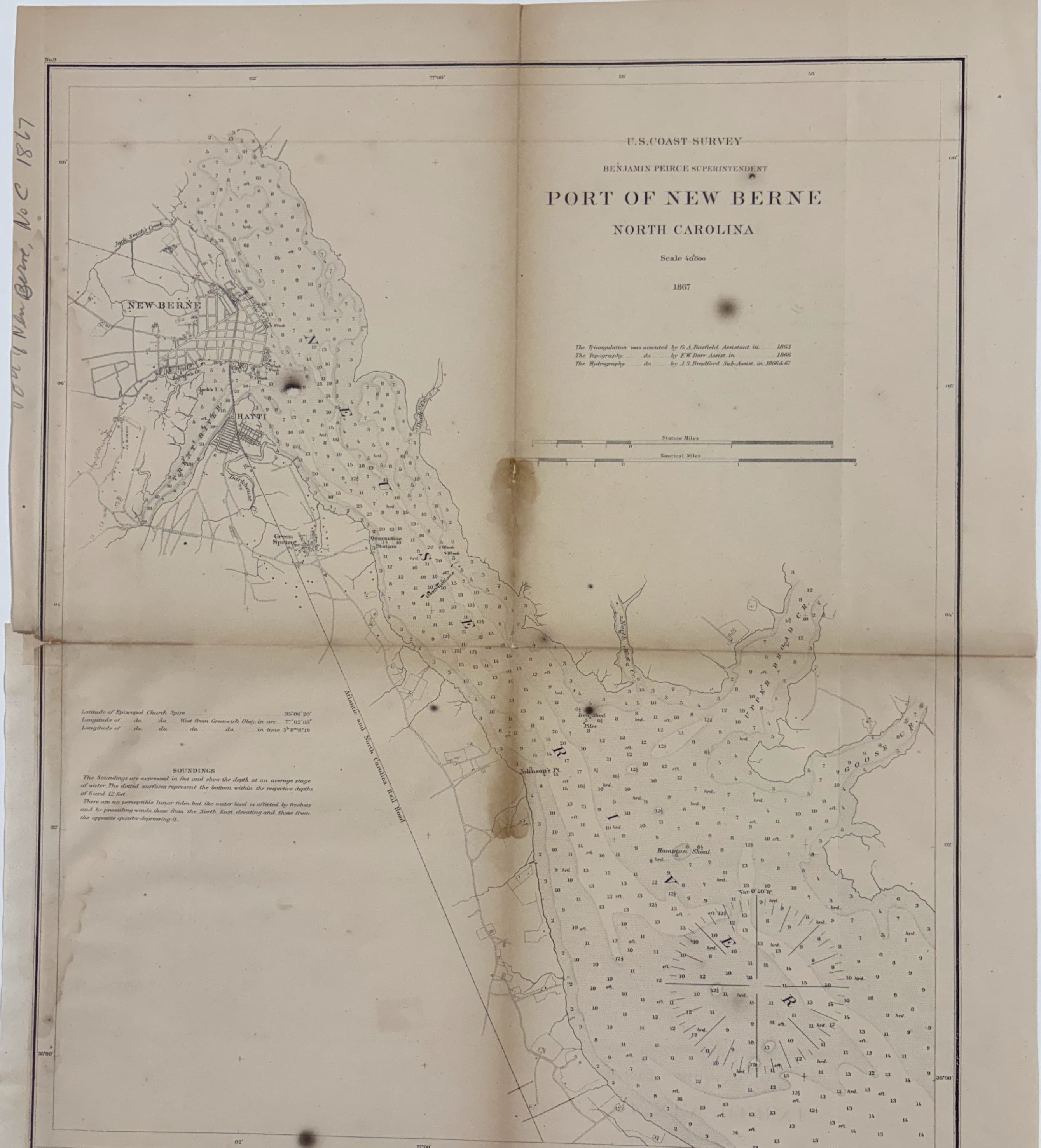 Port of New Berne, North CarolinaBenjamin Peirce Superintendent / Triangulation by G.A. Fairfield / Topography by F.W. Dorr / Hydrography by J.S. Bradford1867 LithographApprox. 16.5" x 15.5" / 41.9 x 39.4 cm