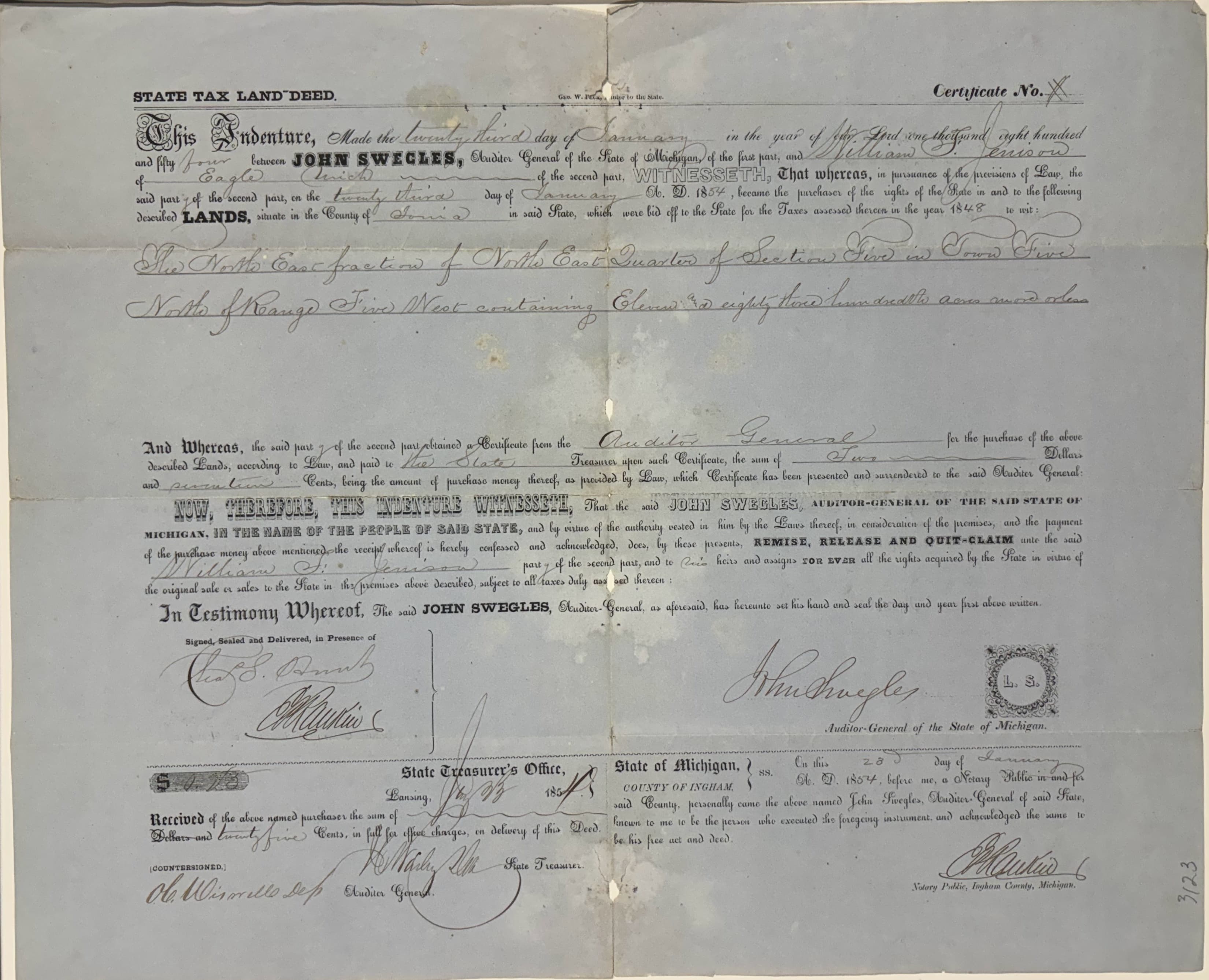 State Tax Land Deed Issued by Auditor General John Swegles for Land in Ionia County, Michigan