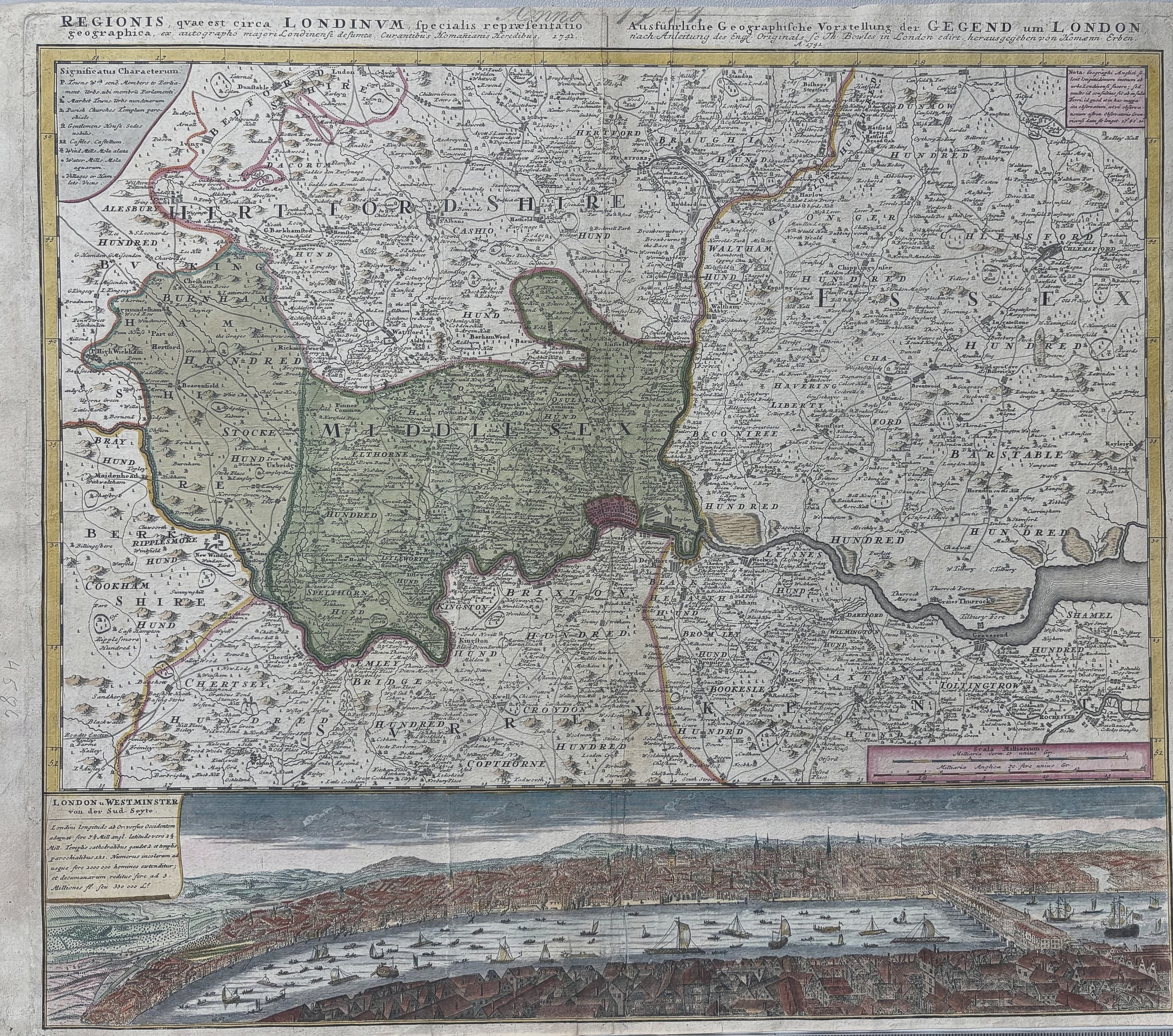 Regionis, qvae est circa Londinvm, specialis repraesentatio geographica... / Ausführliche Geographische Vorstellung der Gegend um London