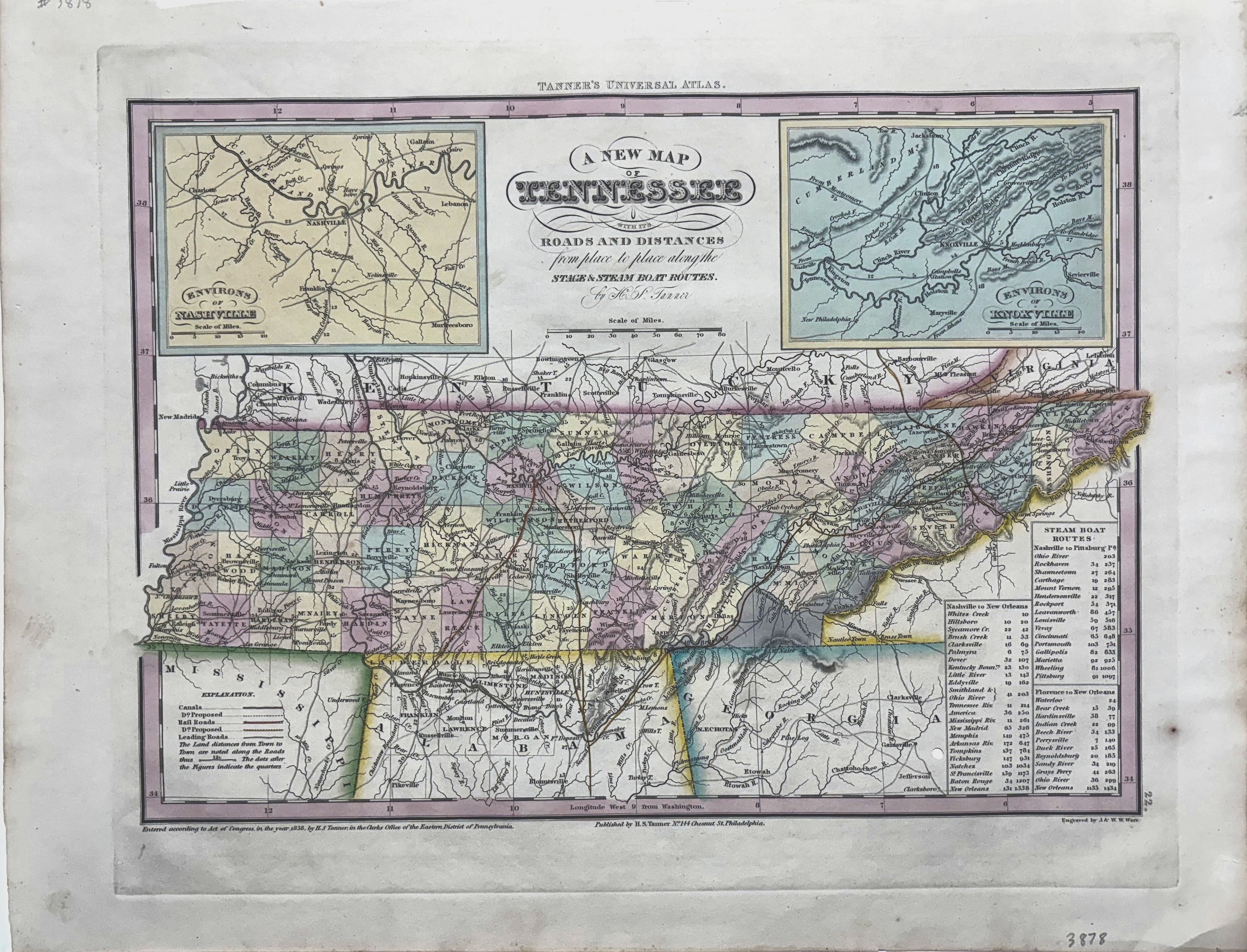A New Map of Tennessee with its Roads and Distances from place to place along the Stage & Steam Boat Routes