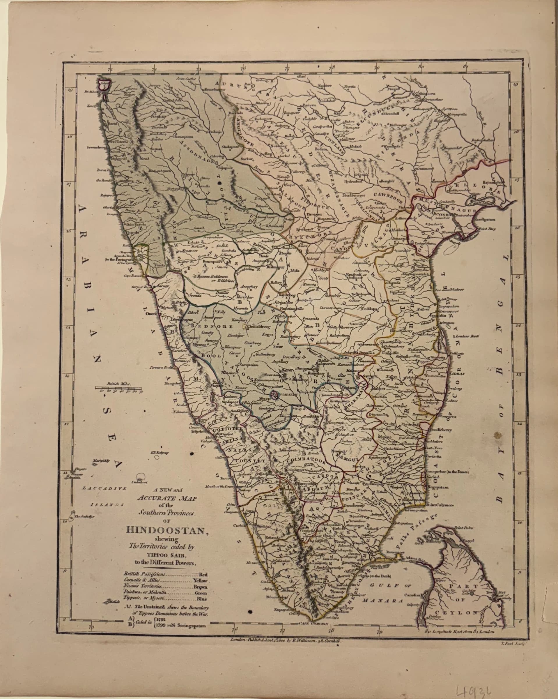 A New and Accurate Map of the Southern Provinces of Hindoostan, shewing The Territories ceded by Tippoo Saib, to the Different Powers